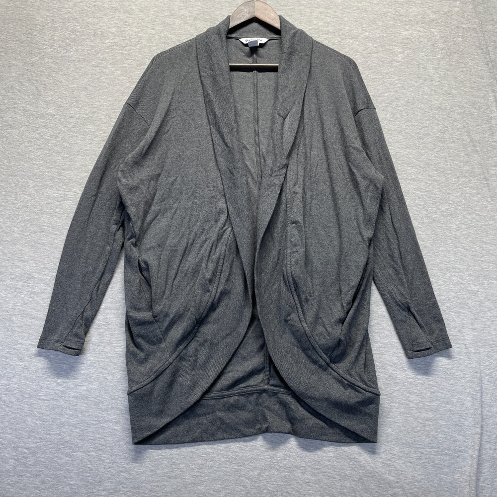 Athleta Cardigan Sweater Women's L Charcoal Gray Cotton Open Front Shawl Collar